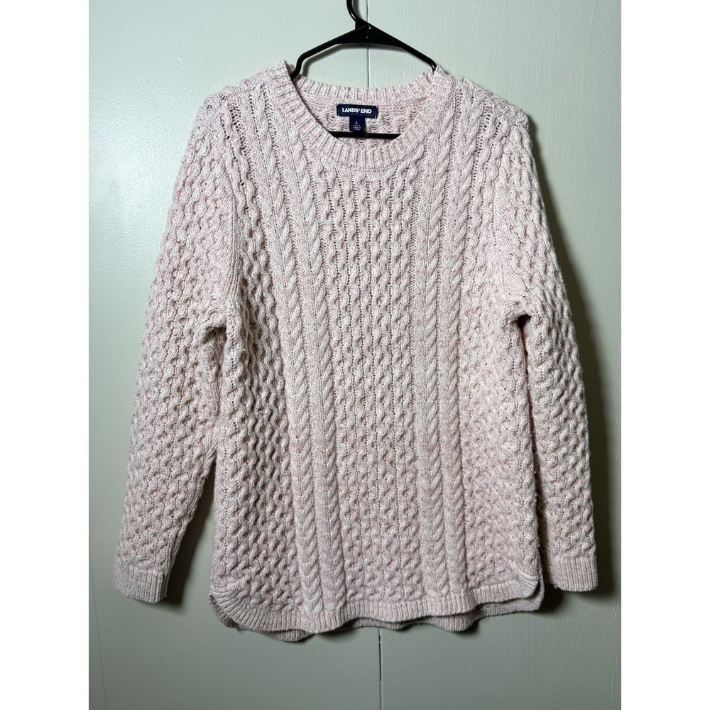 Lands' End Cable Knit Sweater L Pink Wool Blend Chunky Fisherman Coastal Cabin